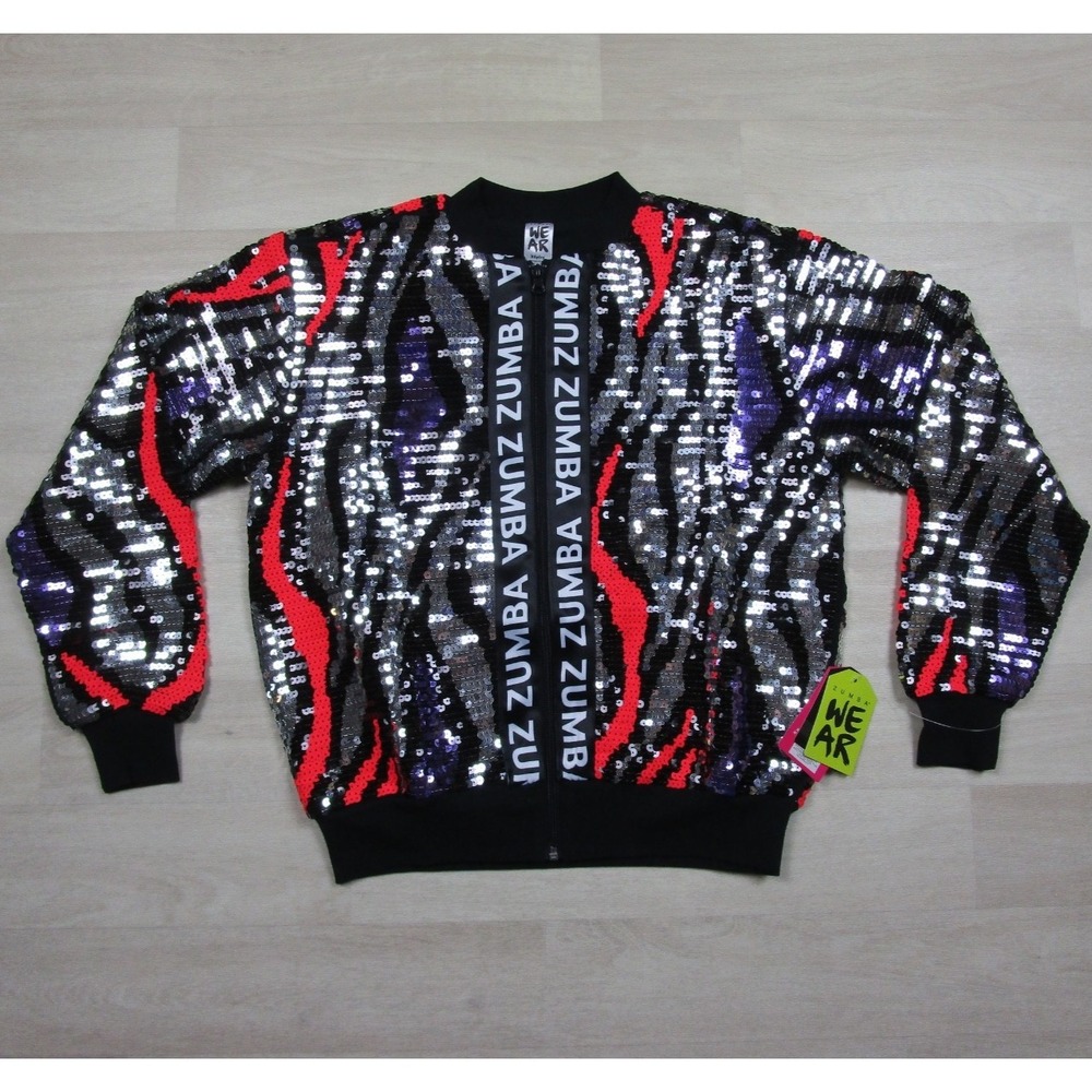 NWT‎ Zumba Wear Funscape Sequin Bomber Jacket (XS) Full Zip Allover Print